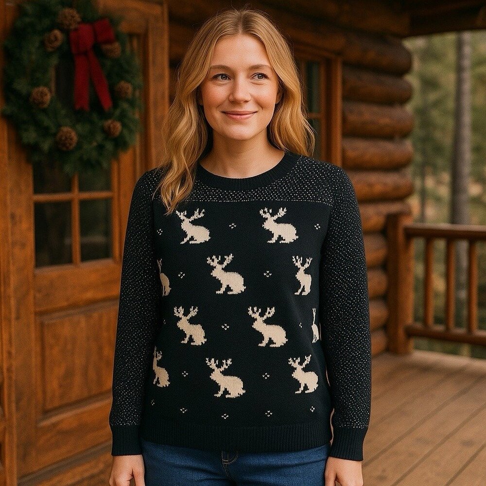 Madewell Wallace Jackalope Print Wool Blend Crewneck Sweater Holiday Cabin XS